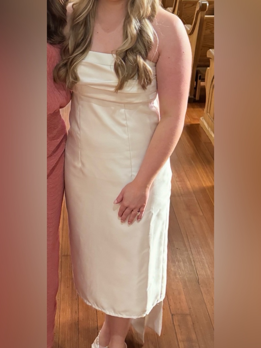ALFRED SUNG White Strapless Satin Midi Dress